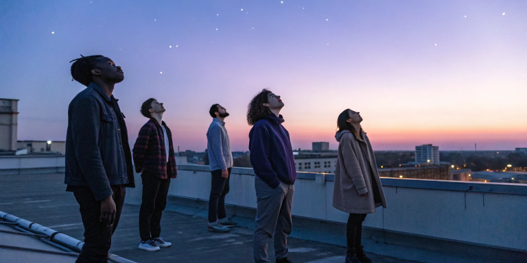 People on a rooftop at sunset in prayer for forgiveness and spiritual freedom.