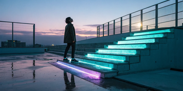 A person on a glowing staircase, ready to release fear-based religious beliefs.