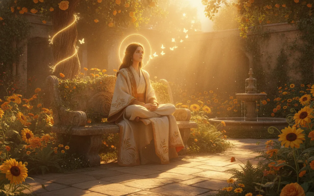 Person bathed in golden light in a sunlit garden representing spiritual growth and inner transformation