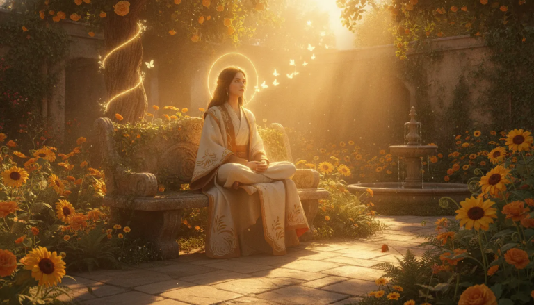 Person bathed in golden light in a sunlit garden representing spiritual growth and inner transformation