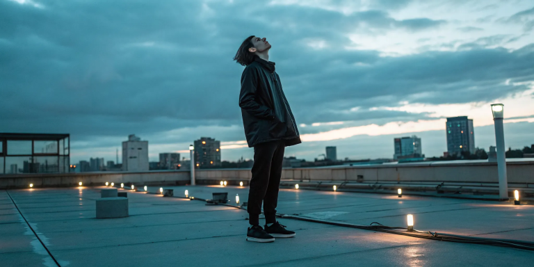 A person looks up at the dusk sky, ready to remove spiritual blockages and find flow.