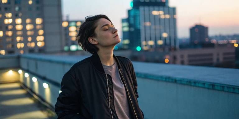 A person on a rooftop at sunset practicing spiritual healing for emotional blocks.