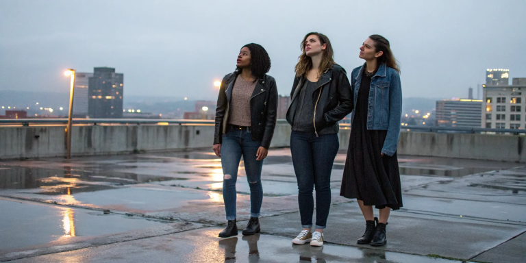 Three women on a rooftop finding community and support after leaving the Catholic Church.