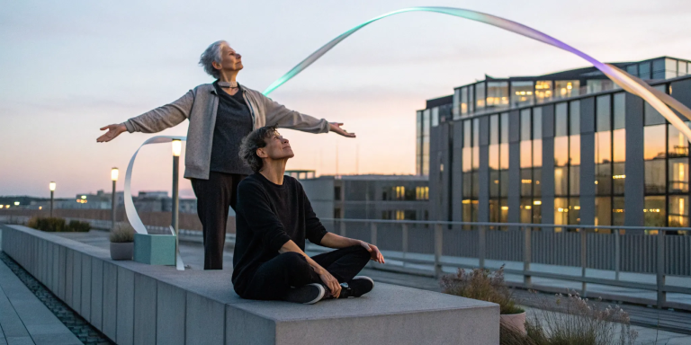 Woman receives channeled spiritual healing from a practitioner outdoors at sunset.