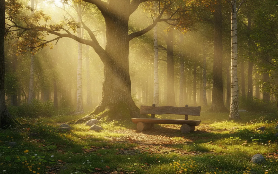 A peaceful sunlit forest clearing with golden light, a wooden bench at the center, evoking divine presence and spiritual connection