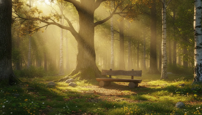 A peaceful sunlit forest clearing with golden light, a wooden bench at the center, evoking divine presence and spiritual connection