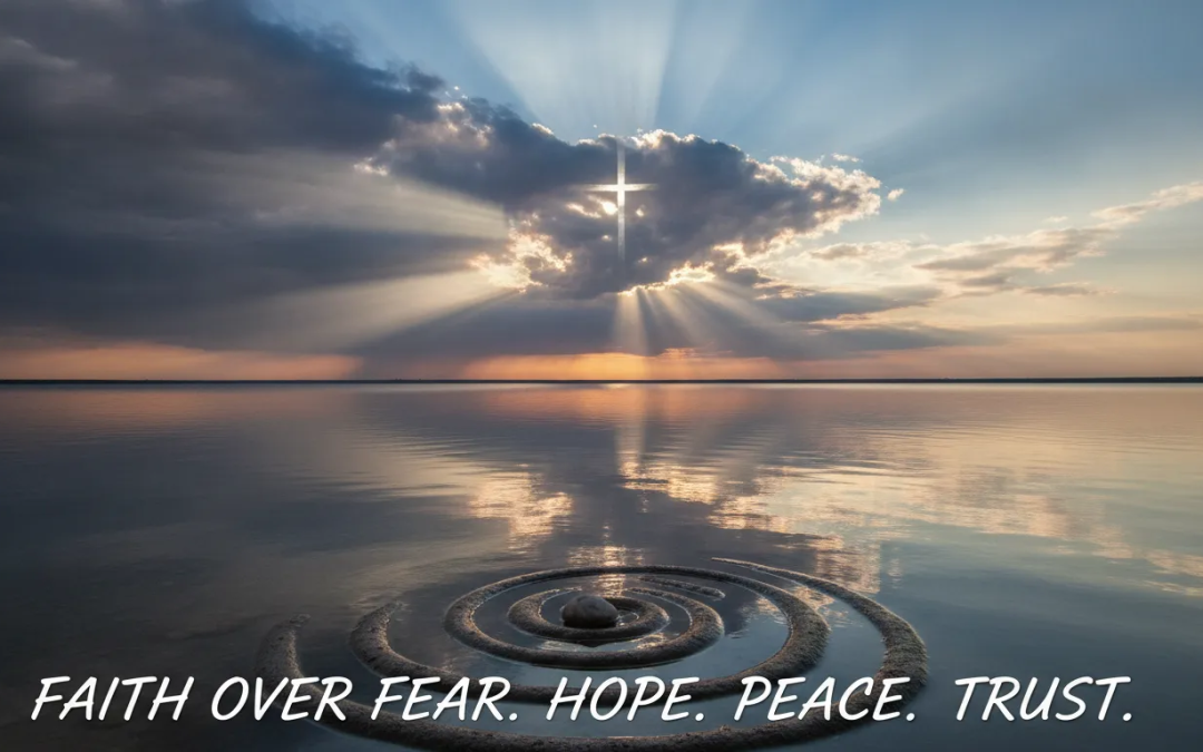 Sunlight breaking through storm clouds over calm water at dawn, symbolizing choosing faith over fear