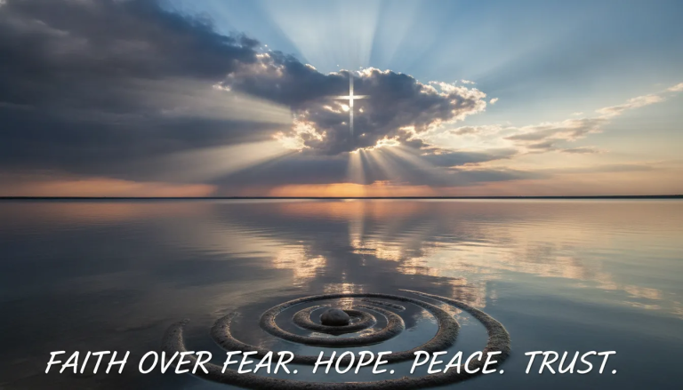 Sunlight breaking through storm clouds over calm water at dawn, symbolizing choosing faith over fear