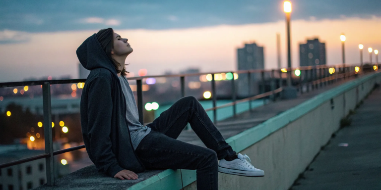 Young person in a hoodie sits alone, recovering from guilt and fear after confession.