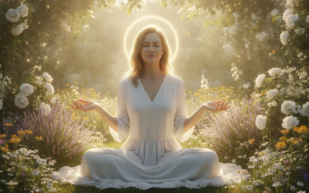 Serene woman sitting in a sunlit room with hands gently open in her lap, peaceful expression with eyes closed, feeling surrounded by divine love and acceptance