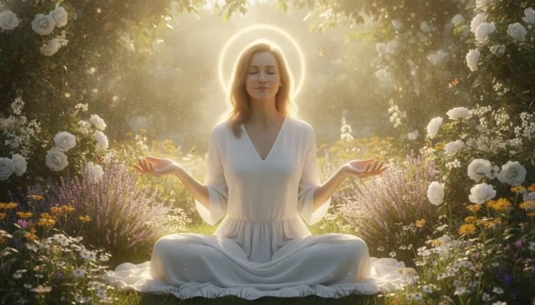 Serene woman sitting in a sunlit room with hands gently open in her lap, peaceful expression with eyes closed, feeling surrounded by divine love and acceptance