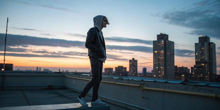 Person on a rooftop at sunset, healing the fear of hell after leaving Catholicism.