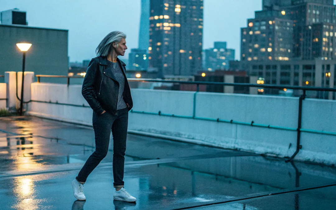 Woman over 50 on a rooftop at dusk, healing from Catholic religious trauma.