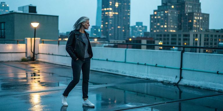 Woman over 50 on a rooftop at dusk, healing from Catholic religious trauma.