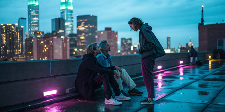 Three people on a rooftop feeling isolated by religious trauma from Catholic sexual teachings.