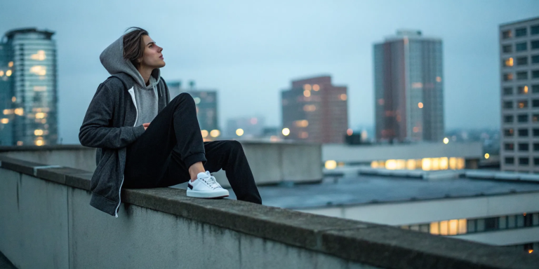 Young person reflecting at dusk, seeking spiritual healing from religious trauma.