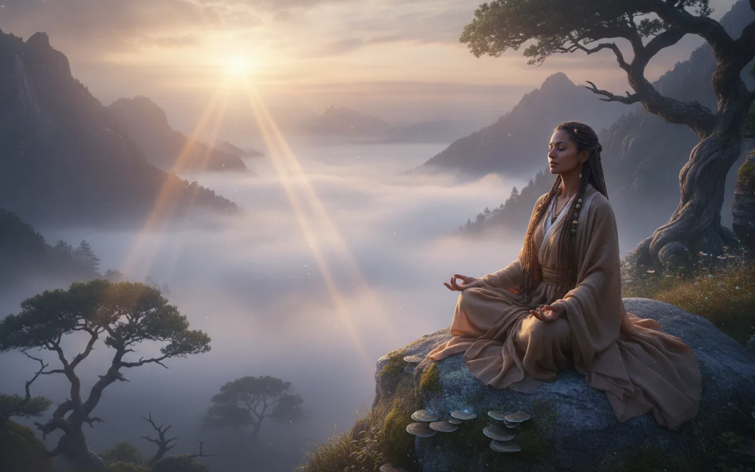 A serene person sitting in stillness on a rock overlooking a misty landscape at dawn, with gentle light filtering through clouds, evoking peace and divine guidance.