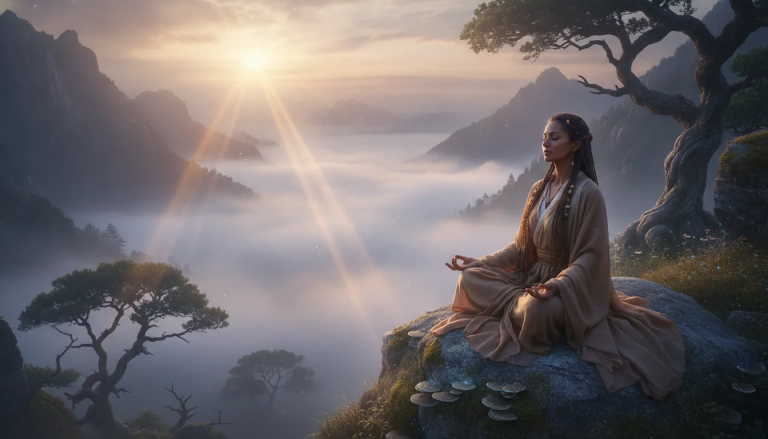 A serene person sitting in stillness on a rock overlooking a misty landscape at dawn, with gentle light filtering through clouds, evoking peace and divine guidance.