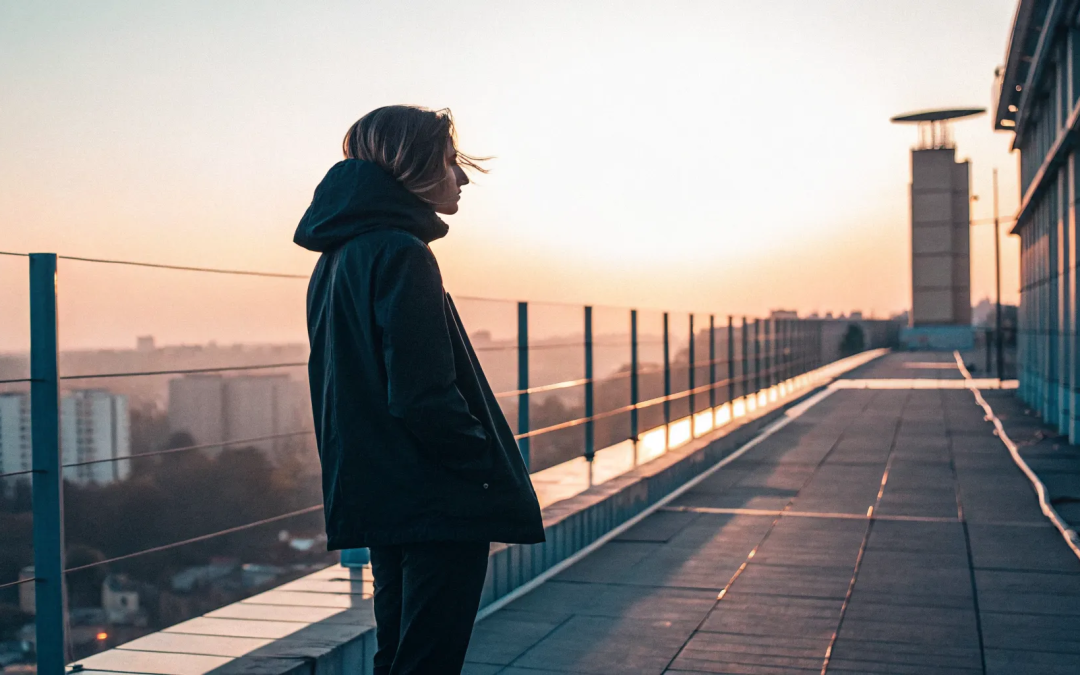 Person on a rooftop at sunrise clearing blocked spiritual energy.