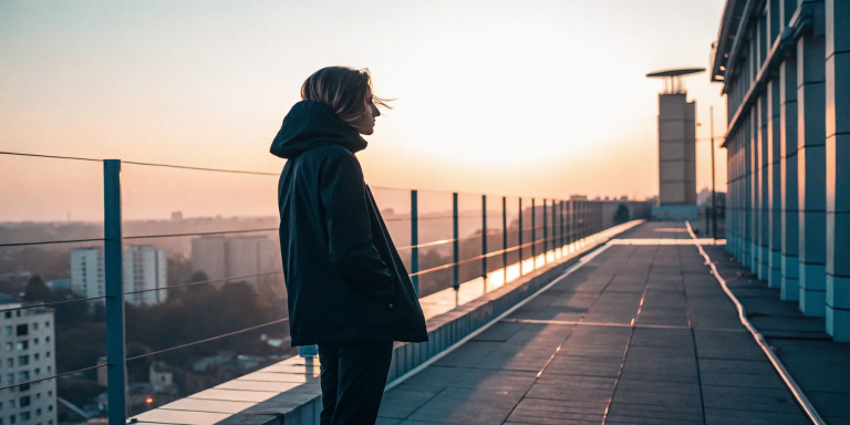 Person on a rooftop at sunrise clearing blocked spiritual energy.