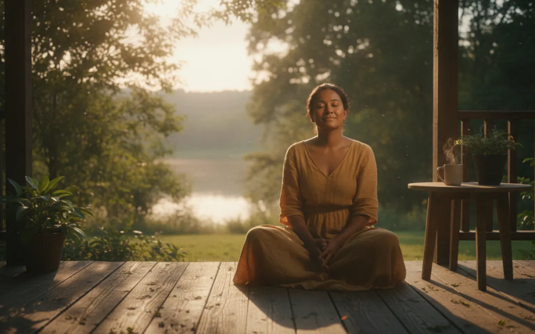 Woman sitting peacefully on a porch at sunrise with soft golden light, reflecting in quiet spiritual connection