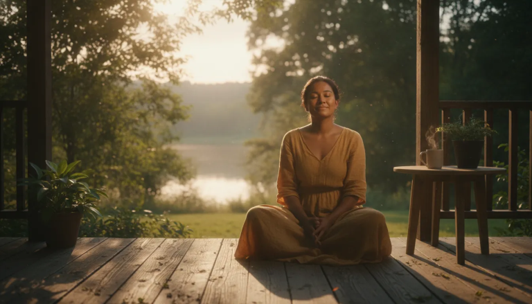 Woman sitting peacefully on a porch at sunrise with soft golden light, reflecting in quiet spiritual connection