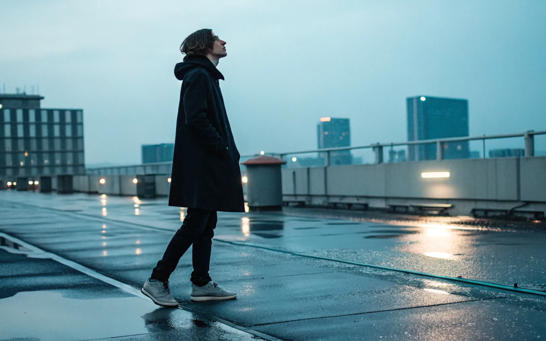 Person on a rooftop, finding the courage to discover their spiritual purpose at this stage of life.