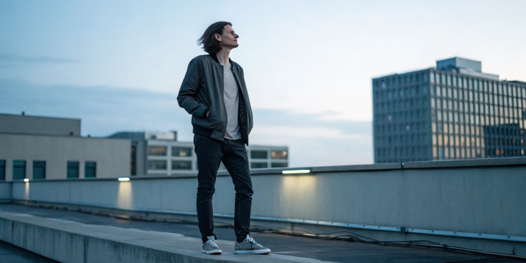 Man on a rooftop at dusk, beginning to heal from Catholic guilt and shame.