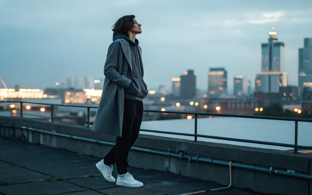 Person on a city rooftop at dusk, healing from fear-based baptism beliefs.