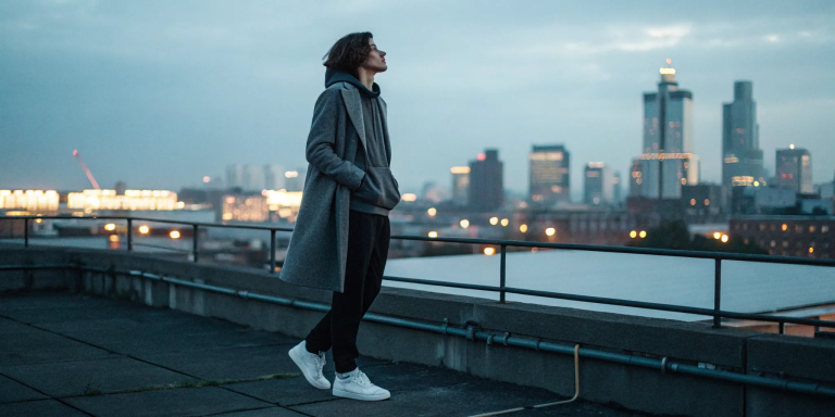 Person on a city rooftop at dusk, healing from fear-based baptism beliefs.