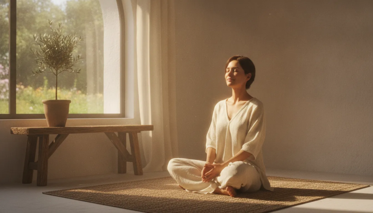 Person sitting in a sunlit room with eyes closed in quiet contemplation and prayer