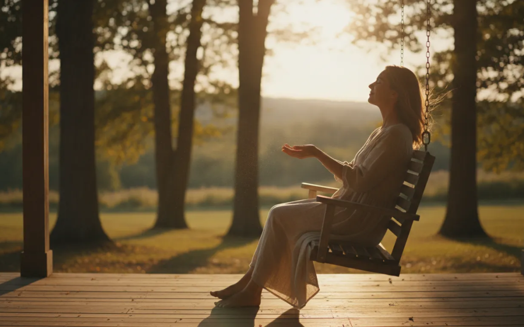 Woman sitting peacefully with open hands at golden hour