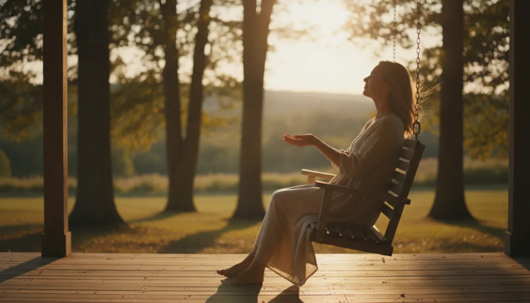 Woman sitting peacefully with open hands at golden hour