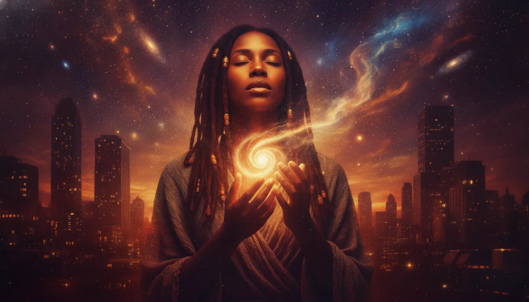 Spiritual surrender starlit cosmic sky glowing light