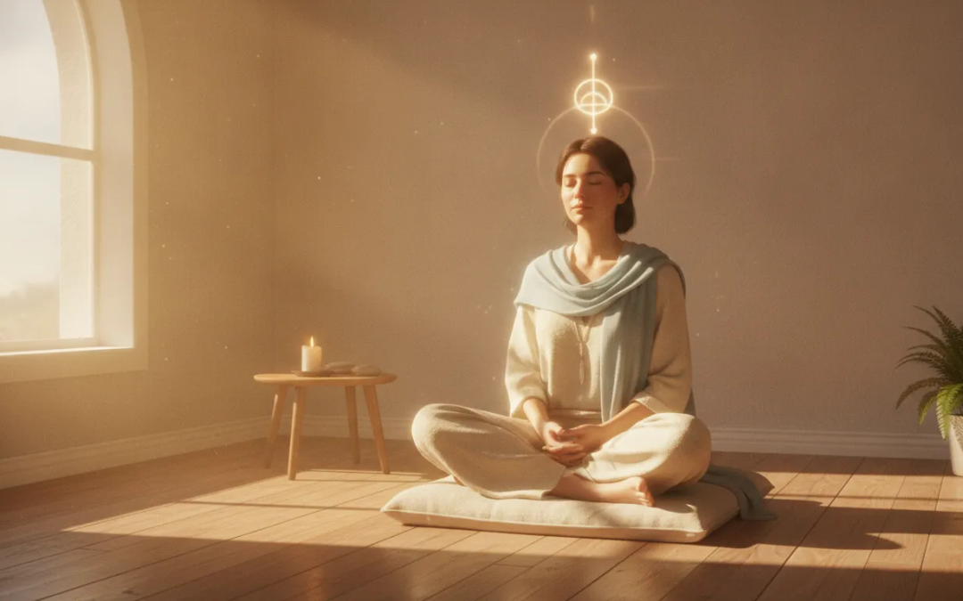 A serene person sitting in a sunlit room with eyes closed, peacefully connecting with God