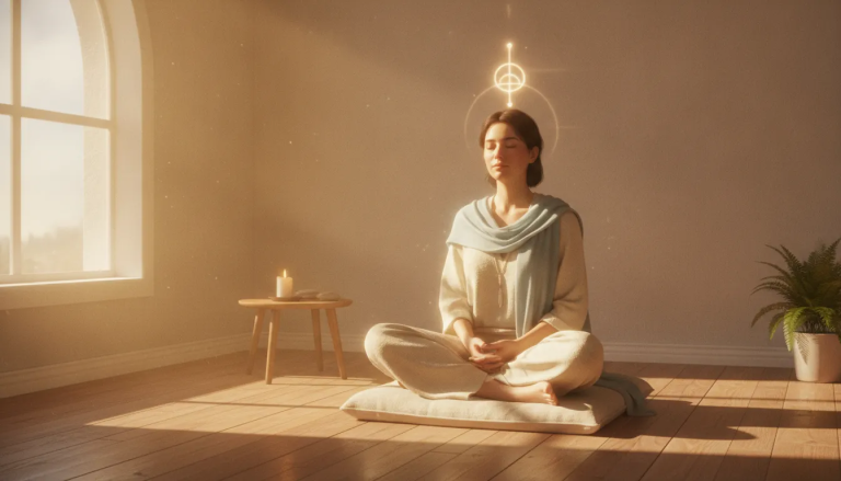 A serene person sitting in a sunlit room with eyes closed, peacefully connecting with God