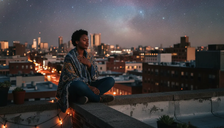 A contemplative person sitting on an urban rooftop at twilight, looking out at a peaceful city skyline under a quiet night sky, representing spiritual rest and surrender.