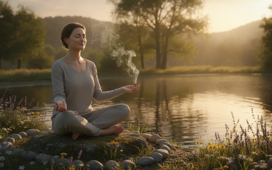 Peaceful spiritual cleansing scene with sage smoke and golden light