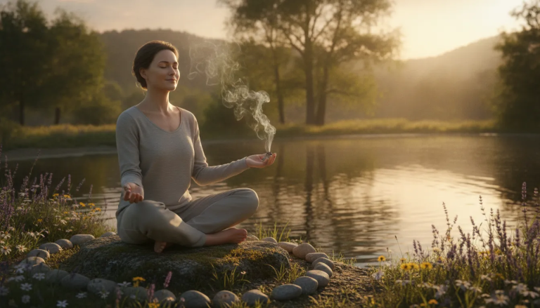 Peaceful spiritual cleansing scene with sage smoke and golden light