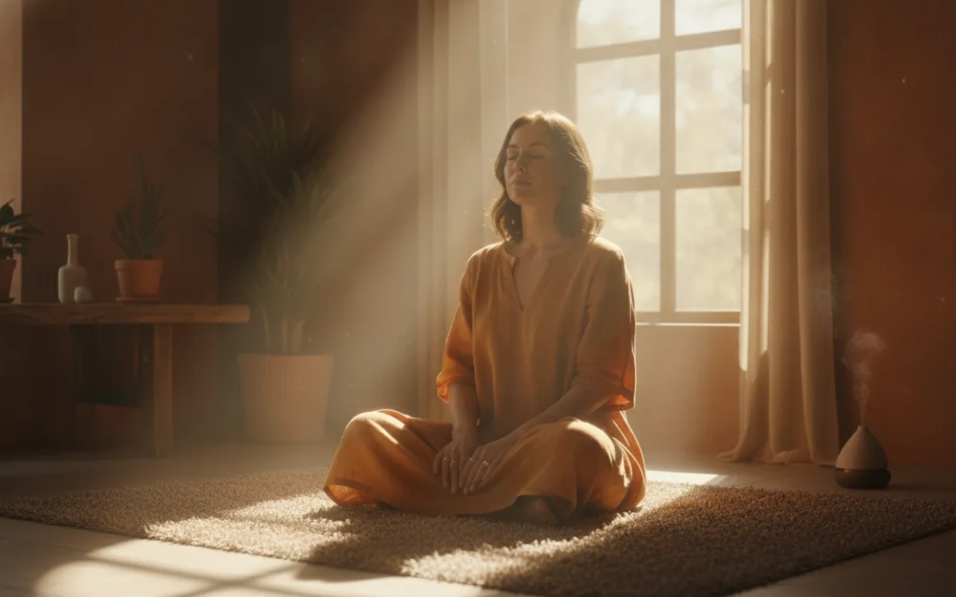 A woman sitting peacefully in a sunlit room with eyes closed, hands resting on her lap, golden light streaming through a window