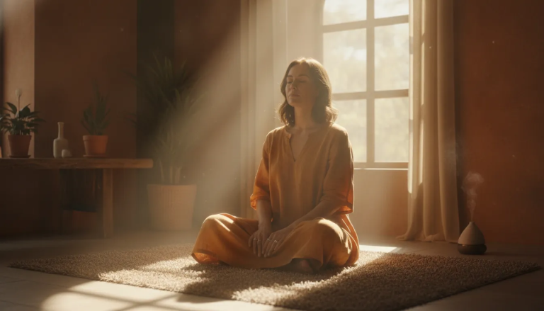 A woman sitting peacefully in a sunlit room with eyes closed, hands resting on her lap, golden light streaming through a window