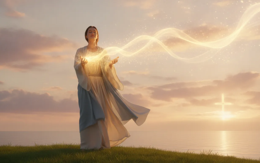 Person releasing golden light from open hands symbolizing surrender to God and letting go of control