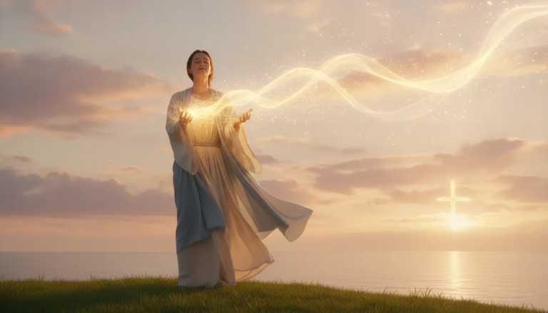 Person releasing golden light from open hands symbolizing surrender to God and letting go of control