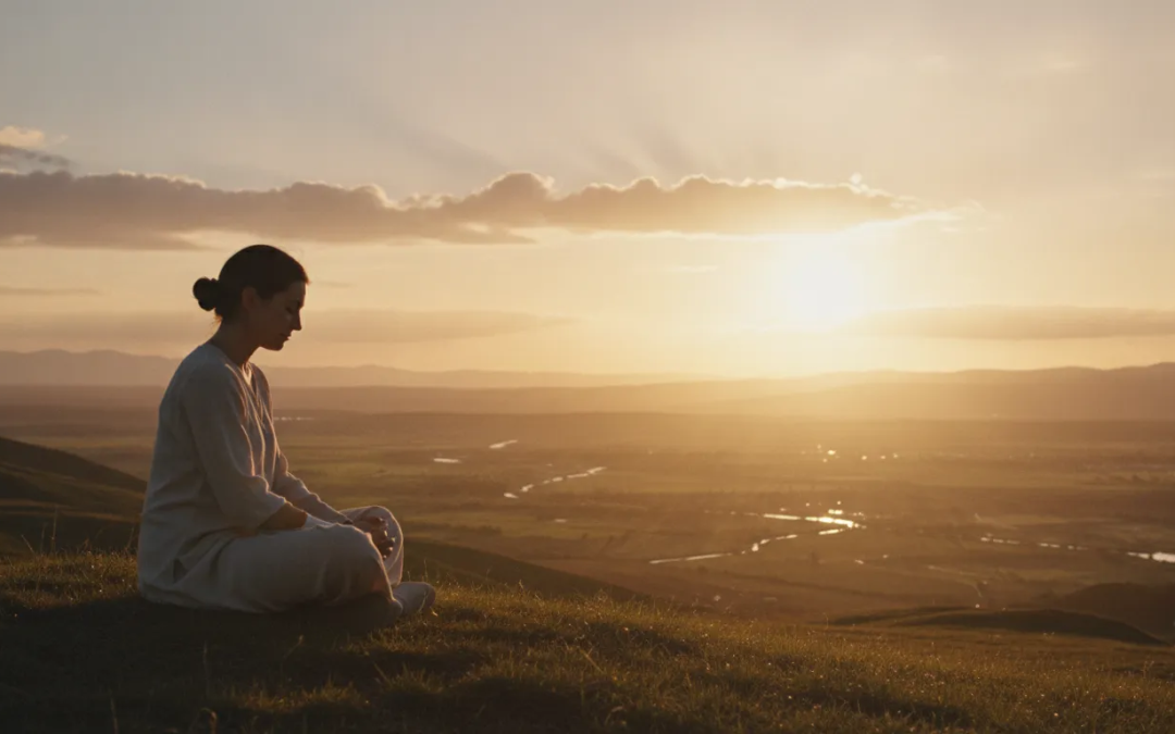A person sitting peacefully alone on a hillside at golden hour looking across a warm landscape with soft clouds, representing spiritual connection with God