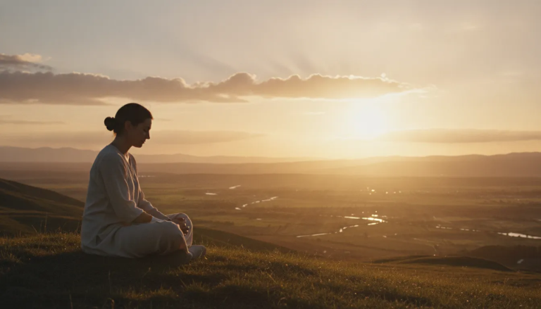 A person sitting peacefully alone on a hillside at golden hour looking across a warm landscape with soft clouds, representing spiritual connection with God
