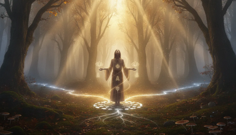 A person standing at a crossroads in a misty forest with golden light streaming through trees, representing the spiritual awakening journey