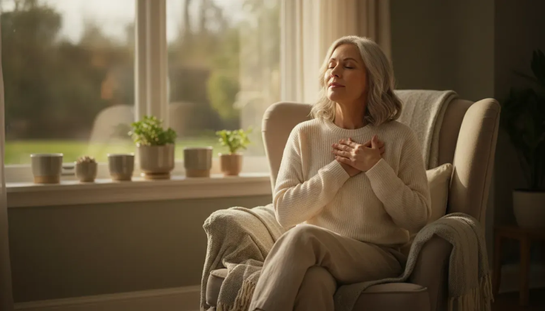 Woman finding calm while healing from religious trauma