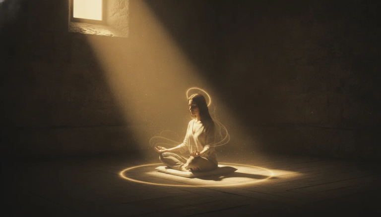 A person sitting alone in a dark room with a single beam of golden light streaming through a window, symbolizing spiritual darkness giving way to divine presence