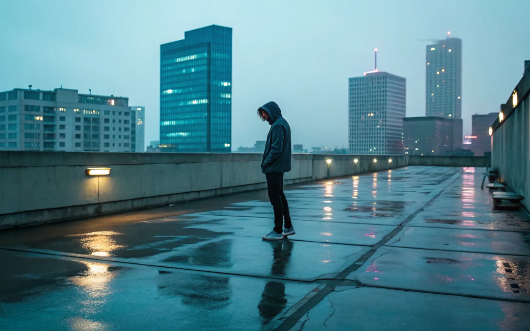 A person stands alone on a rainy rooftop, wondering why they feel spiritually stuck.