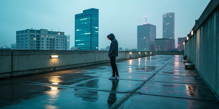 A person stands alone on a rainy rooftop, wondering why they feel spiritually stuck.